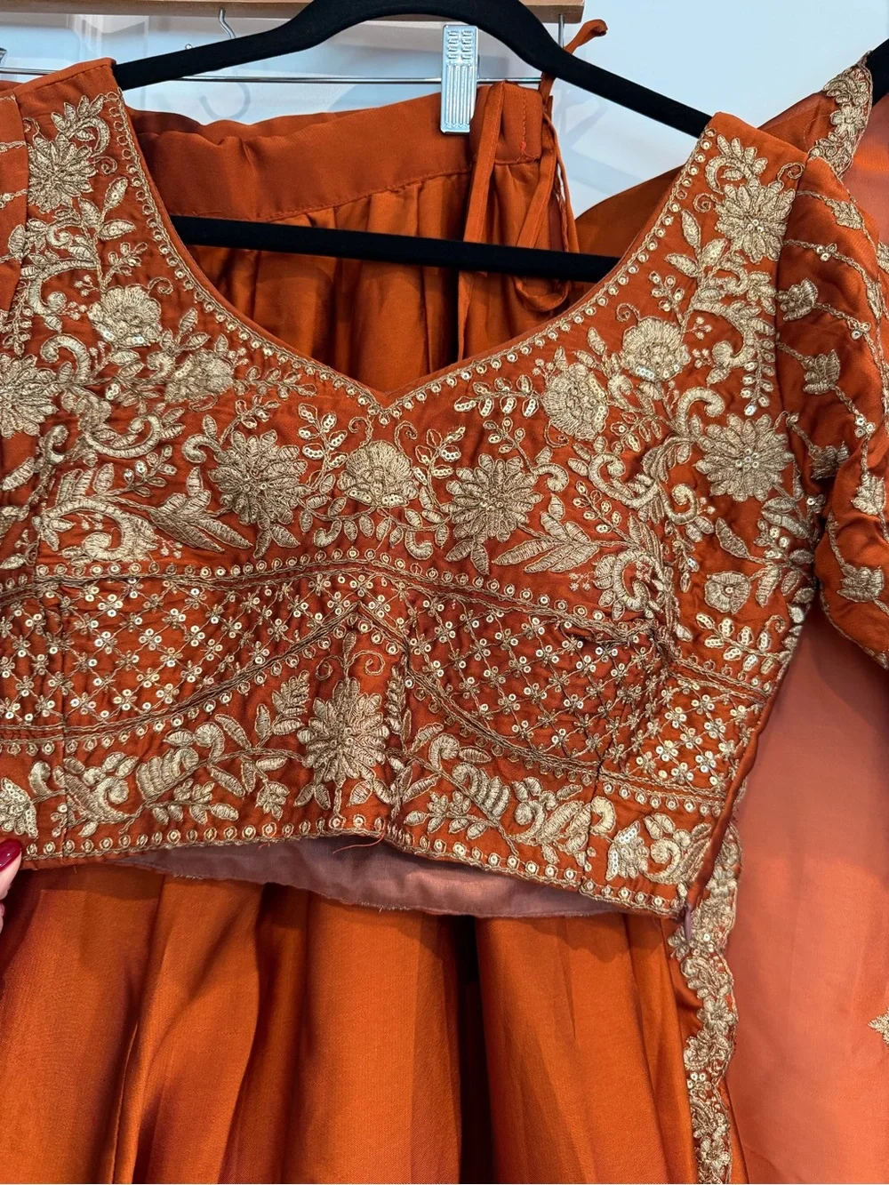 Embroidered burnt orange/rust lengha Set with Matching Blouse and Dupatta